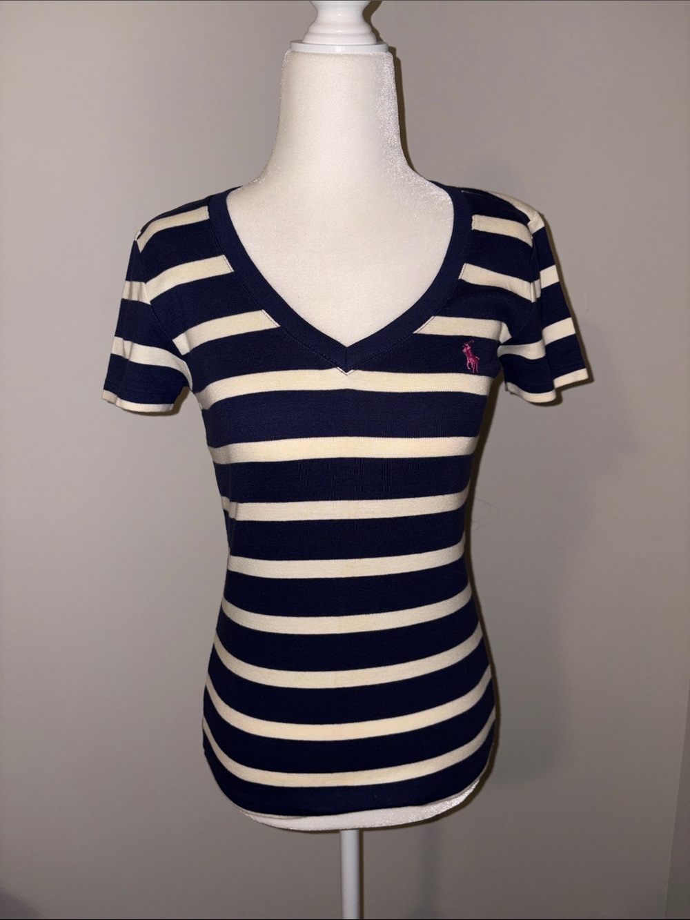 Ralph Lauren Navy & Cream Striped V-Neck Short Sleeve Tee
